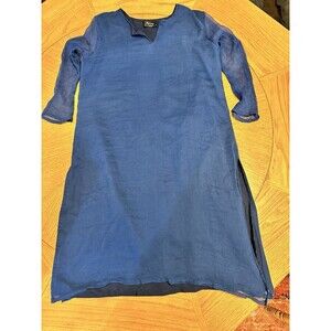 Ananya Blue Ethnic Shift Midi Dress Sheer Sleeves V Neck Women’s Size XL Lined